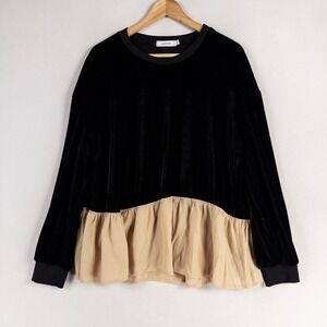 Soolinen Top Blouse Womens Sz Large Black Velour Tan Satin Trim Long Sleeve